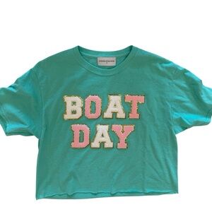 Aqua Medium Cropped ‘Boat Day' Graphic T-Shirt Puffy Letters Vacation Cruise T
